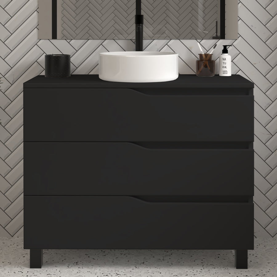 Meuble de salle de bain 90cm avec plateau et vasque à poser - 3 tiroirs - MATA
