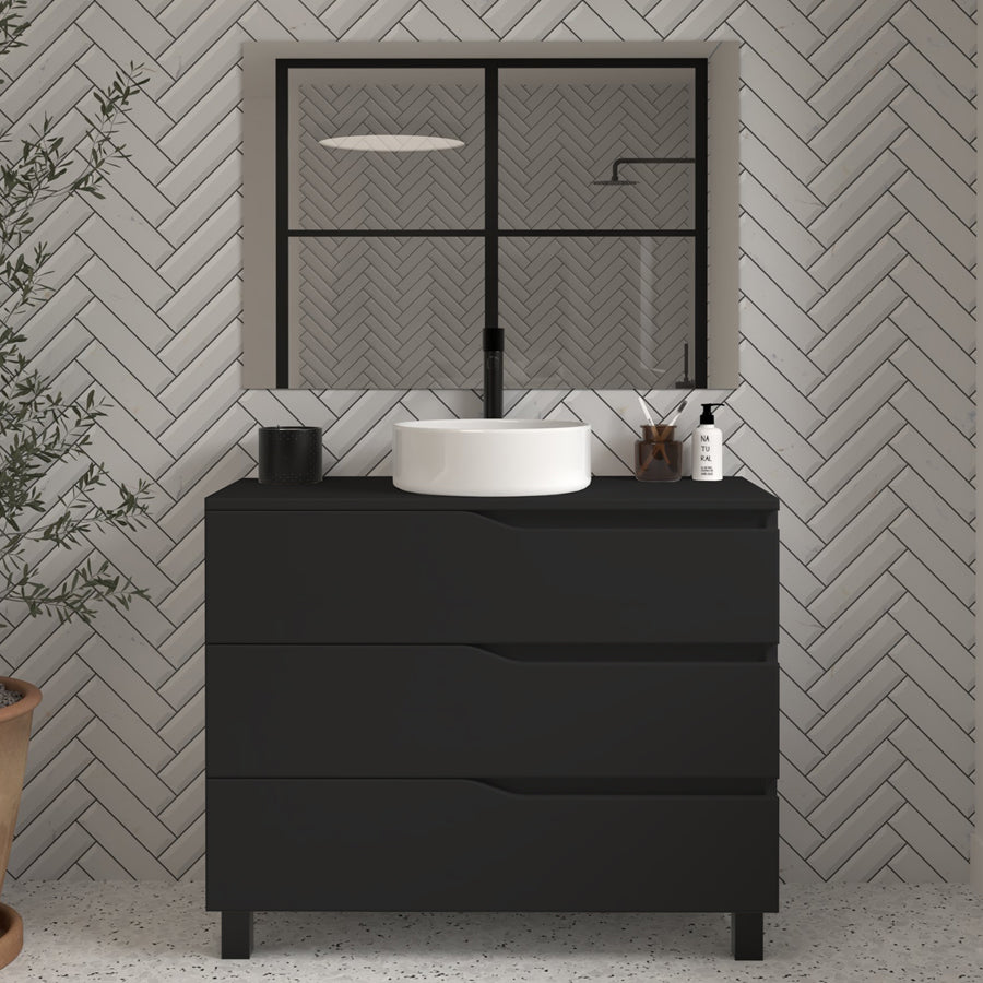 Meuble de salle de bain 90cm avec plateau et vasque à poser - 3 tiroirs - MATA