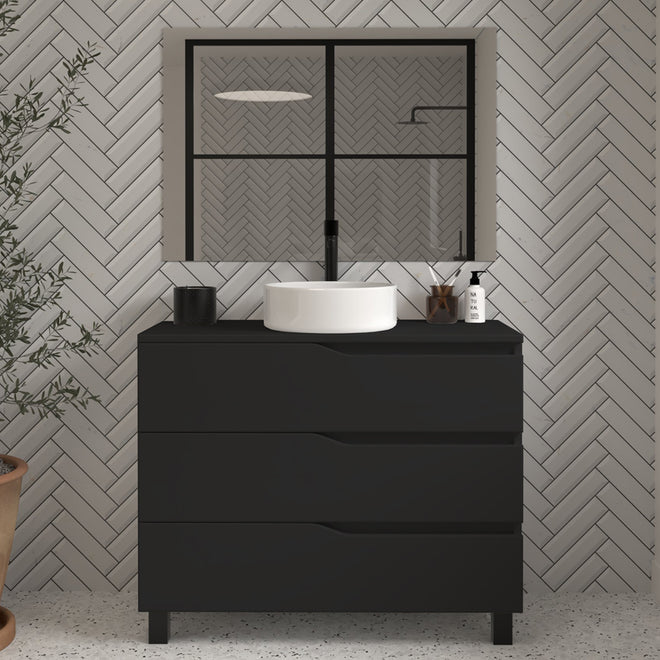 Meuble de salle de bain 100 avec plateau et vasque à poser - 3 tiroirs - MATA