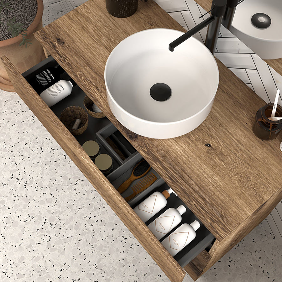 Meuble de salle de bain 90cm avec plateau et vasque à poser - 3 tiroirs - MATA