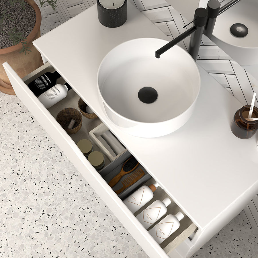 Meuble de salle de bain 90cm avec plateau et vasque à poser - 3 tiroirs - MATA