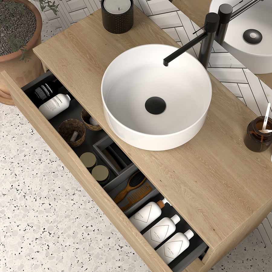 Meuble de salle de bain 90cm avec plateau et vasque à poser - 3 tiroirs - MATA