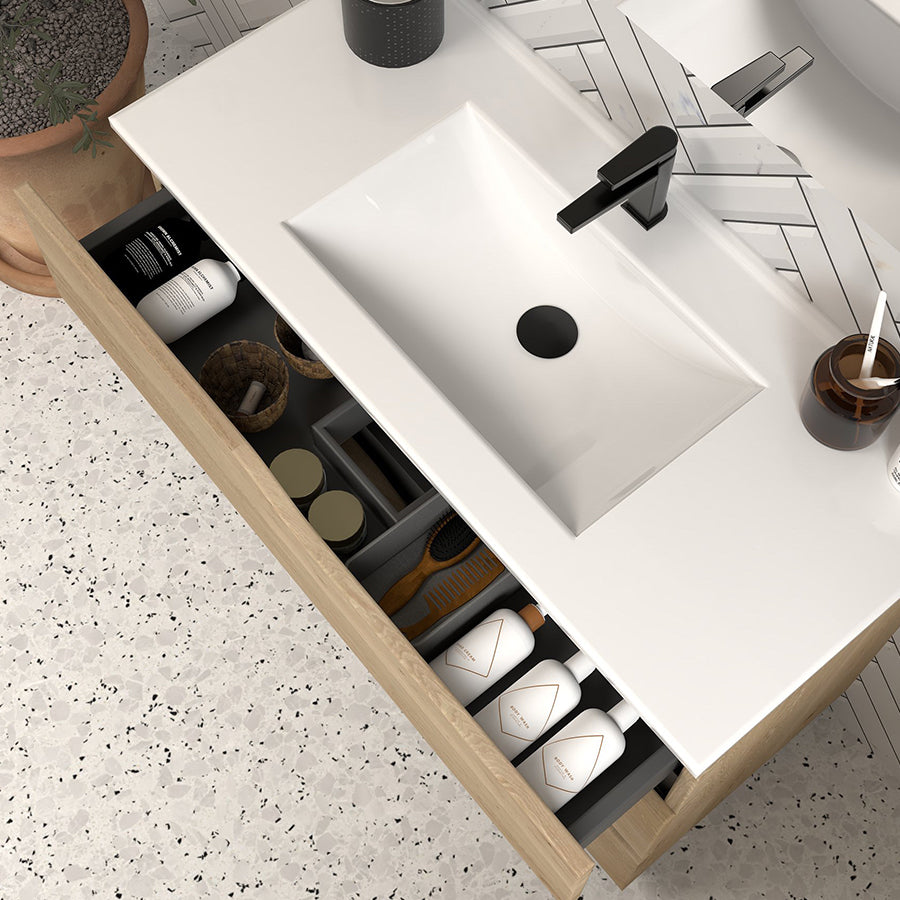 Meuble de salle de bain 90cm simple vasque - sans miroir - 3 tiroirs - MATA
