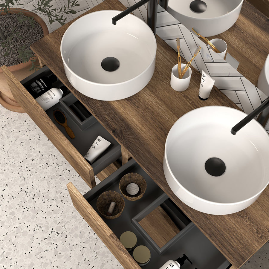 Meuble de salle de bain 120 avec plateau et 2 vasques à poser - 6 tiroirs - MATA