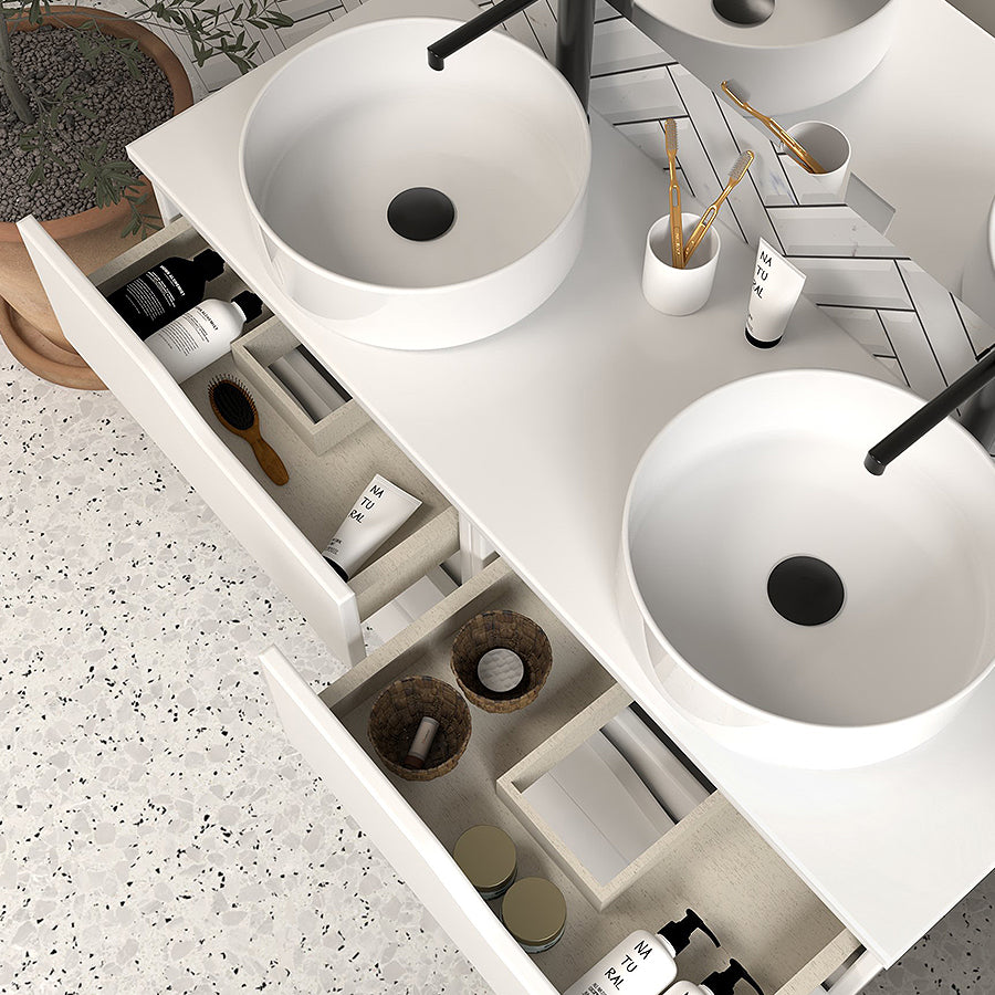 Meuble de salle de bain 120 avec plateau et 2 vasques à poser - 6 tiroirs - MATA