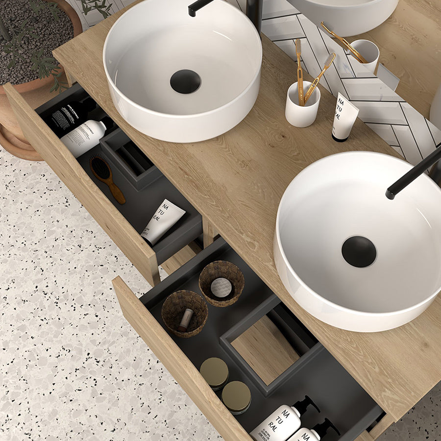 Meuble de salle de bain 120 avec plateau et 2 vasques à poser - 6 tiroirs - MATA