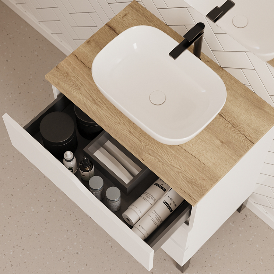 Meuble de salle de bain 80cm avec plateau et vasque à poser zeus - sans miroir - 3 tiroirs - MATA