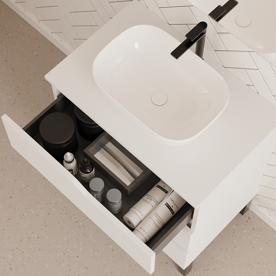 Meuble de salle de bain 80cm avec plateau et vasque à poser zeus - sans miroir - 3 tiroirs - MATA