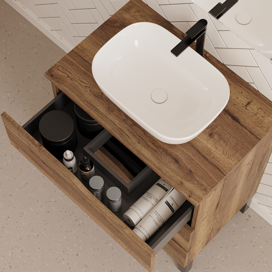 Meuble de salle de bain 80cm avec plateau et vasque à poser zeus - sans miroir - 3 tiroirs - MATA