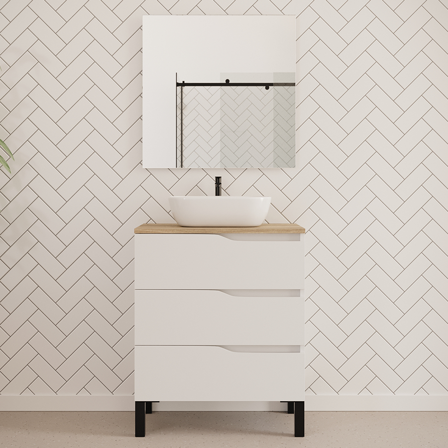 Meuble de salle de bain MATA 60 70 cm bol zeus blanc plateau miel