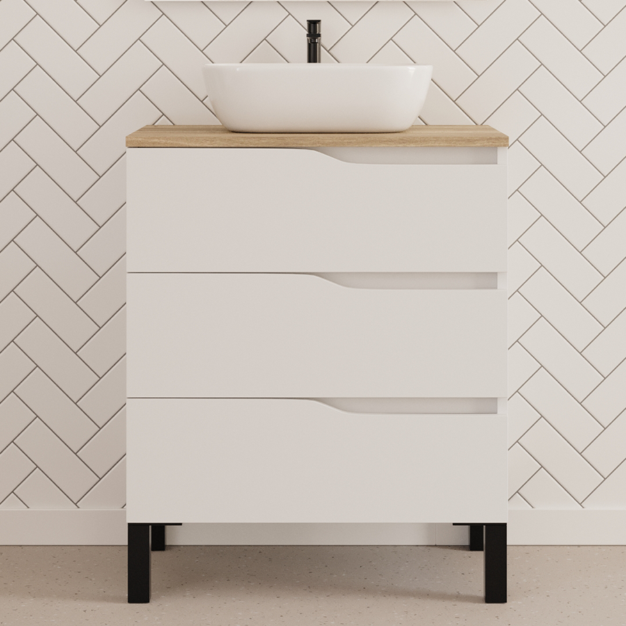 Meuble de salle de bain 60cm avec plateau et vasque à poser zeus - sans miroir - 3 tiroirs - MATA