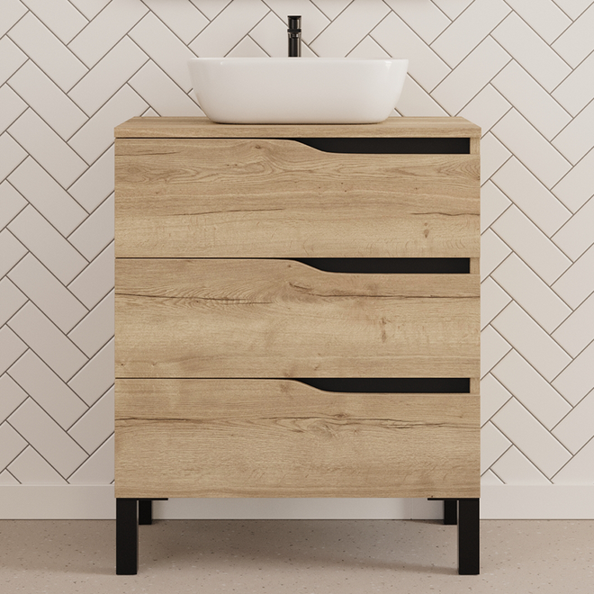 Meuble de salle de bain 60cm avec plateau et vasque à poser zeus - sans miroir - 3 tiroirs - MATA