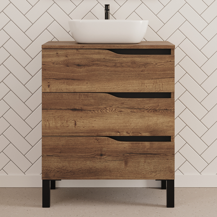 Meuble de salle de bain 60cm avec plateau et vasque à poser zeus - sans miroir - 3 tiroirs - MATA