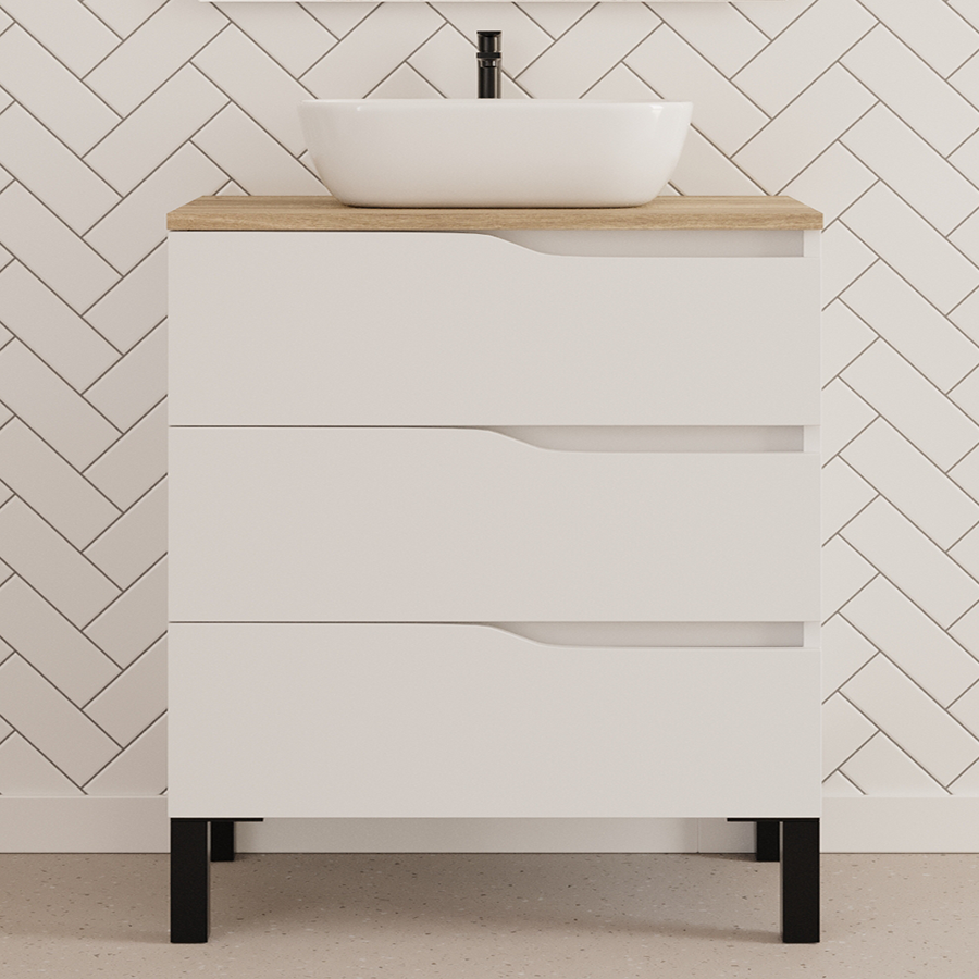 Meuble de salle de bain 80cm avec plateau et vasque à poser zeus - sans miroir - 3 tiroirs - MATA