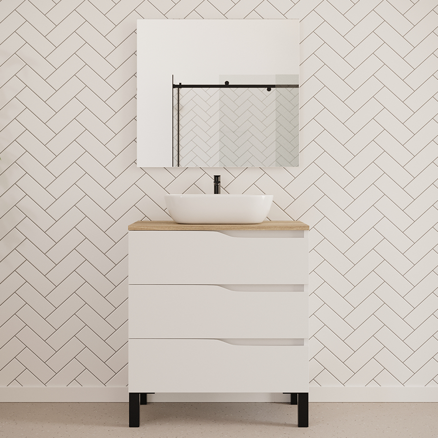 Meuble de salle de bain MATA 80 cm bol zeus blanc plateau miel