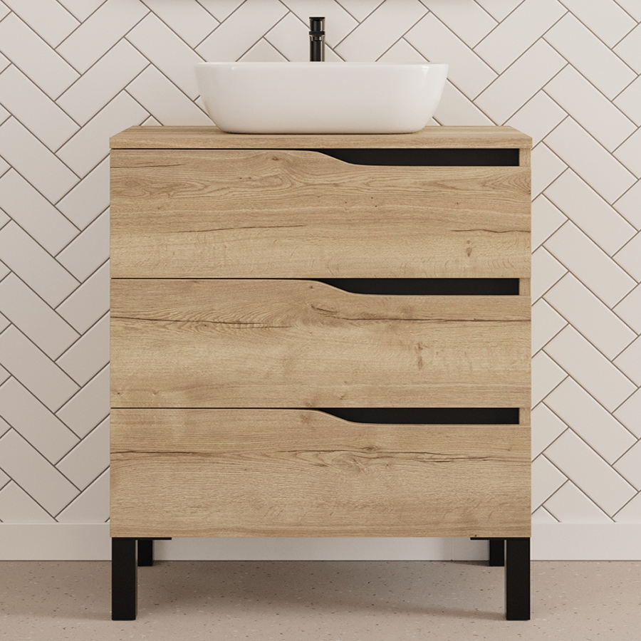 Meuble de salle de bain 80cm avec plateau et vasque à poser zeus - sans miroir - 3 tiroirs - MATA