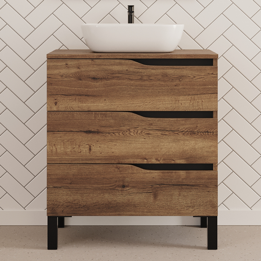 Meuble de salle de bain 80cm avec plateau et vasque à poser zeus - sans miroir - 3 tiroirs - MATA