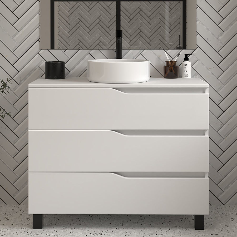 Meuble de salle de bain 90cm avec plateau et vasque à poser - 3 tiroirs - MATA