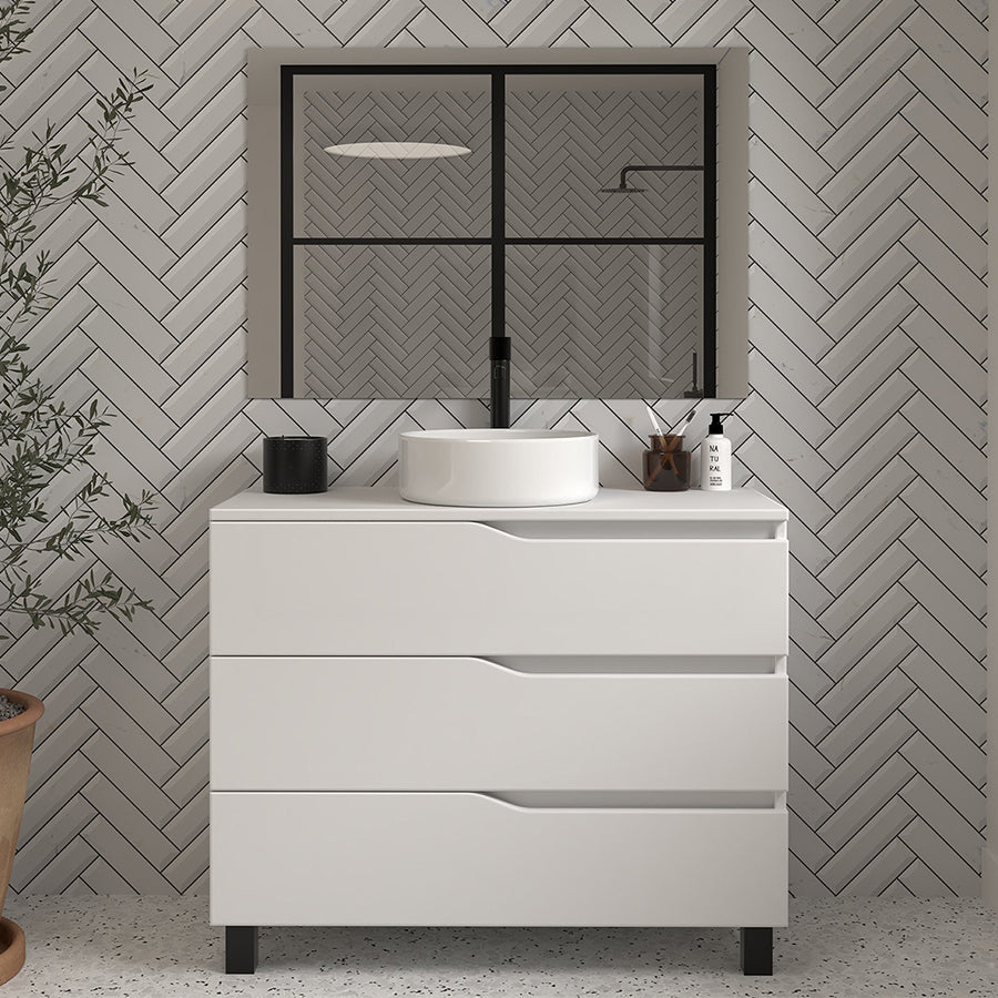 Meuble de salle de bain 90cm avec plateau et vasque à poser - 3 tiroirs - MATA