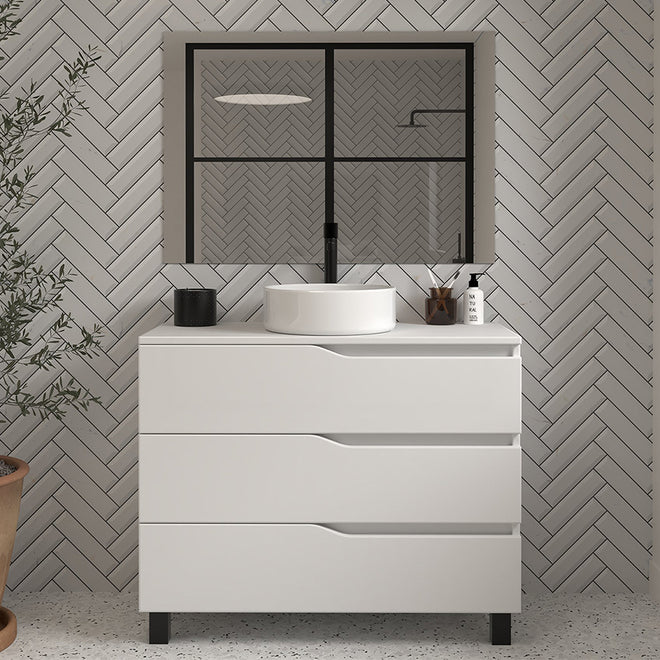 Meuble de salle de bain 90cm avec plateau et vasque à poser - 3 tiroirs - MATA