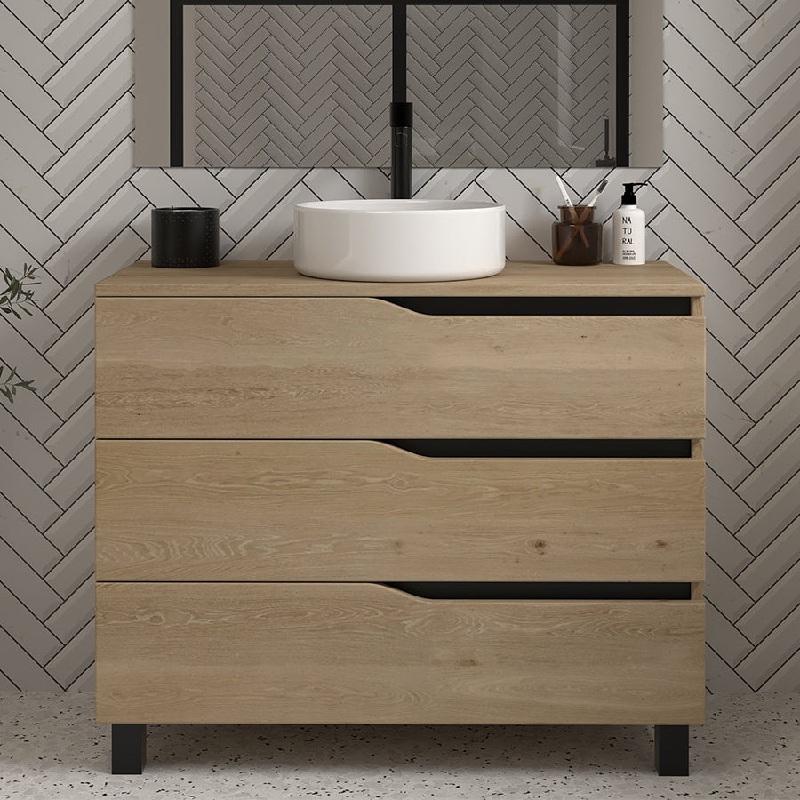 Meuble de salle de bain 90cm avec plateau et vasque à poser - 3 tiroirs - MATA
