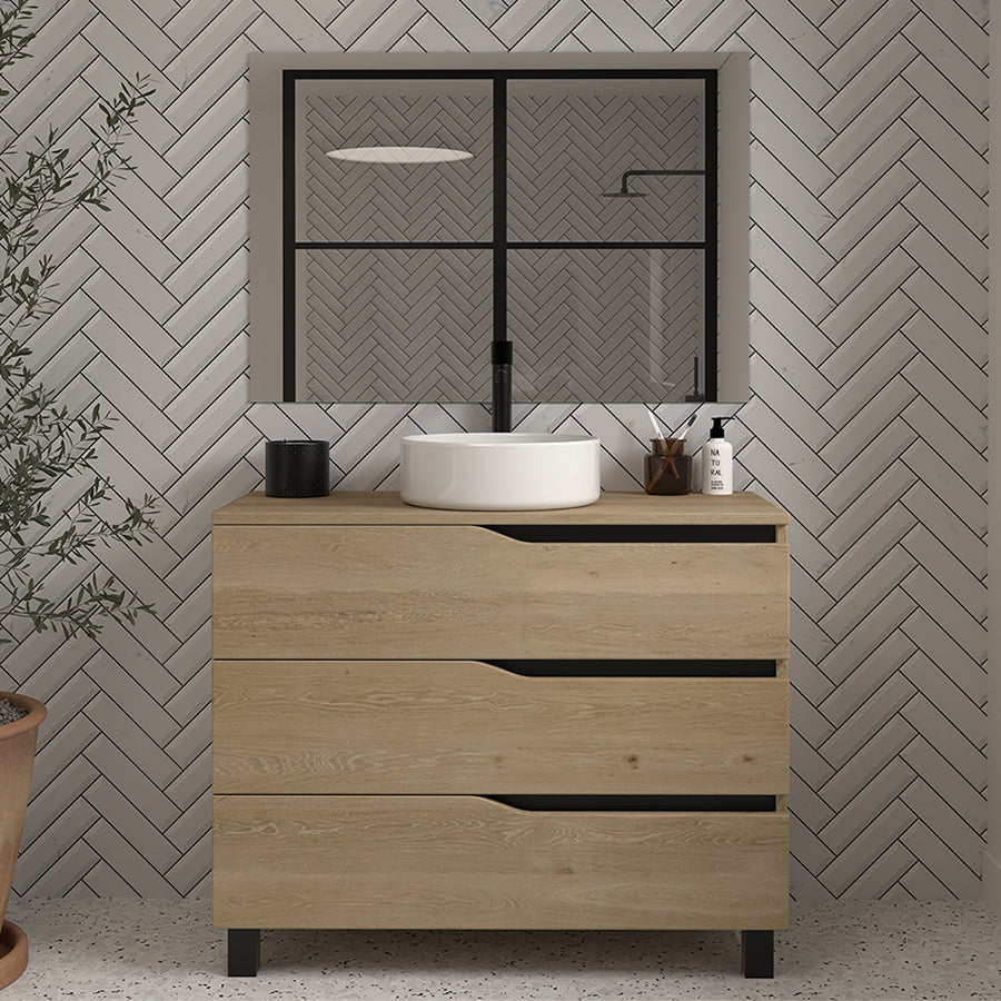 Meuble de salle de bain 90cm avec plateau et vasque à poser - 3 tiroirs - MATA