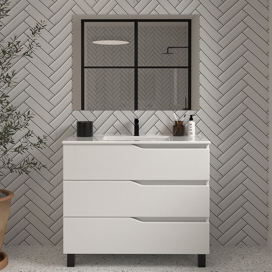 Meuble de salle de bain 90cm simple vasque - 3 tiroirs - MATA