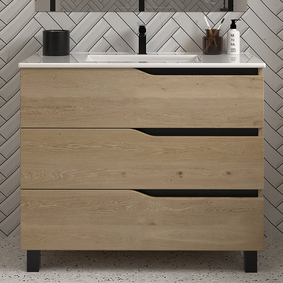 Meuble de salle de bain 90cm simple vasque - sans miroir - 3 tiroirs - MATA