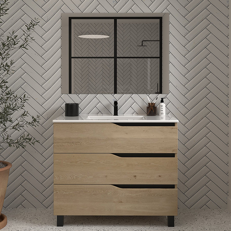 Meuble de salle de bain 90cm simple vasque - 3 tiroirs - MATA