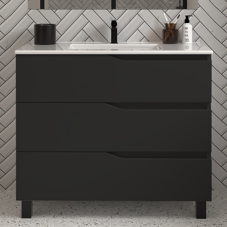 Meuble de salle de bain 90cm simple vasque - sans miroir - 3 tiroirs - MATA