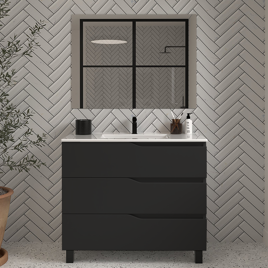 Meuble de salle de bain 90cm simple vasque - 3 tiroirs - MATA