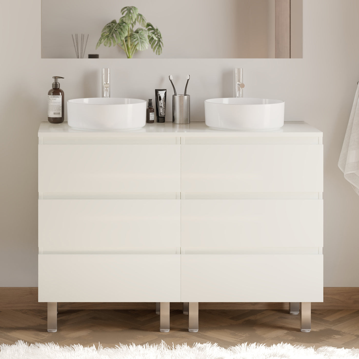 Meuble de salle de bain 120cm avec plateau et 2 vasques à poser rondes - 6 tiroirs - sans miroir - MAYOR