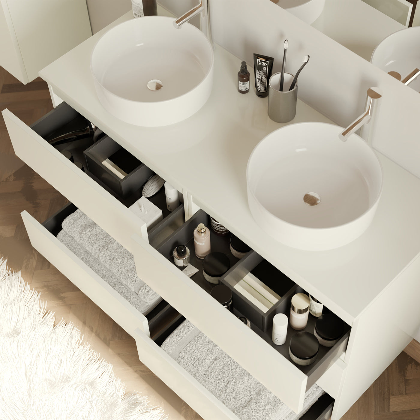 Meuble de salle de bain 120cm avec plateau et 2 vasques à poser rondes - 6 tiroirs - sans miroir - MAYOR