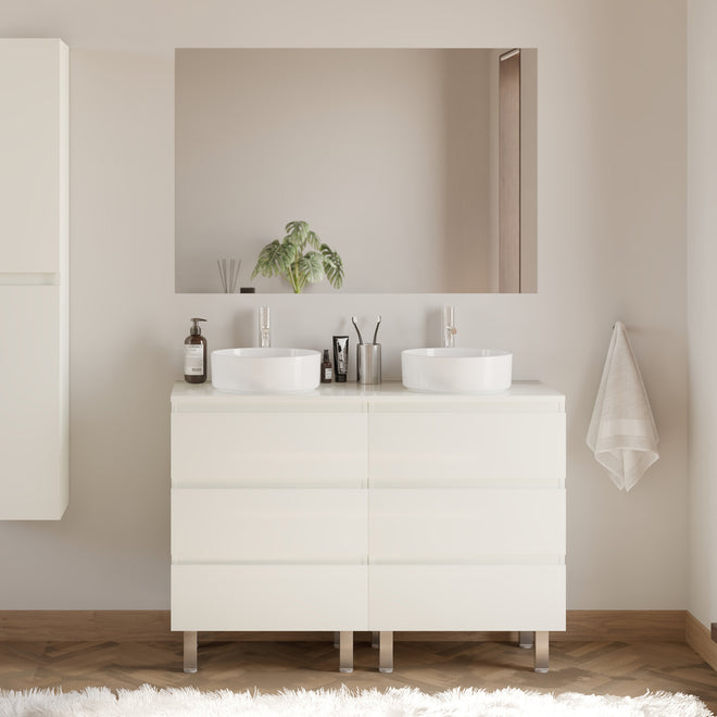 Meuble de salle de bain 120cm avec plateau et 2 vasques à poser rondes - 6 tiroirs - MAYOR