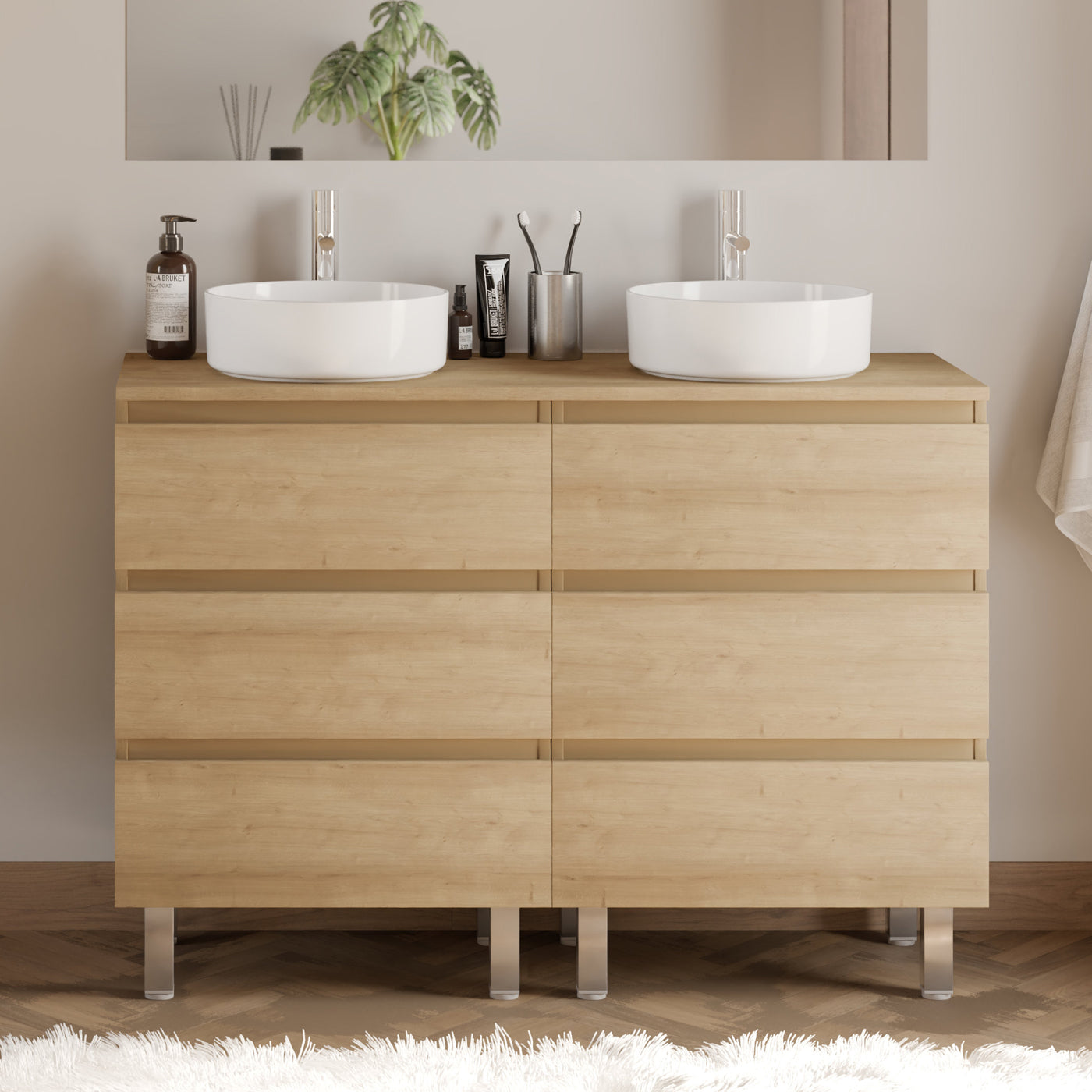 Meuble de salle de bain 120cm avec plateau et 2 vasques à poser rondes - 6 tiroirs - sans miroir - MAYOR