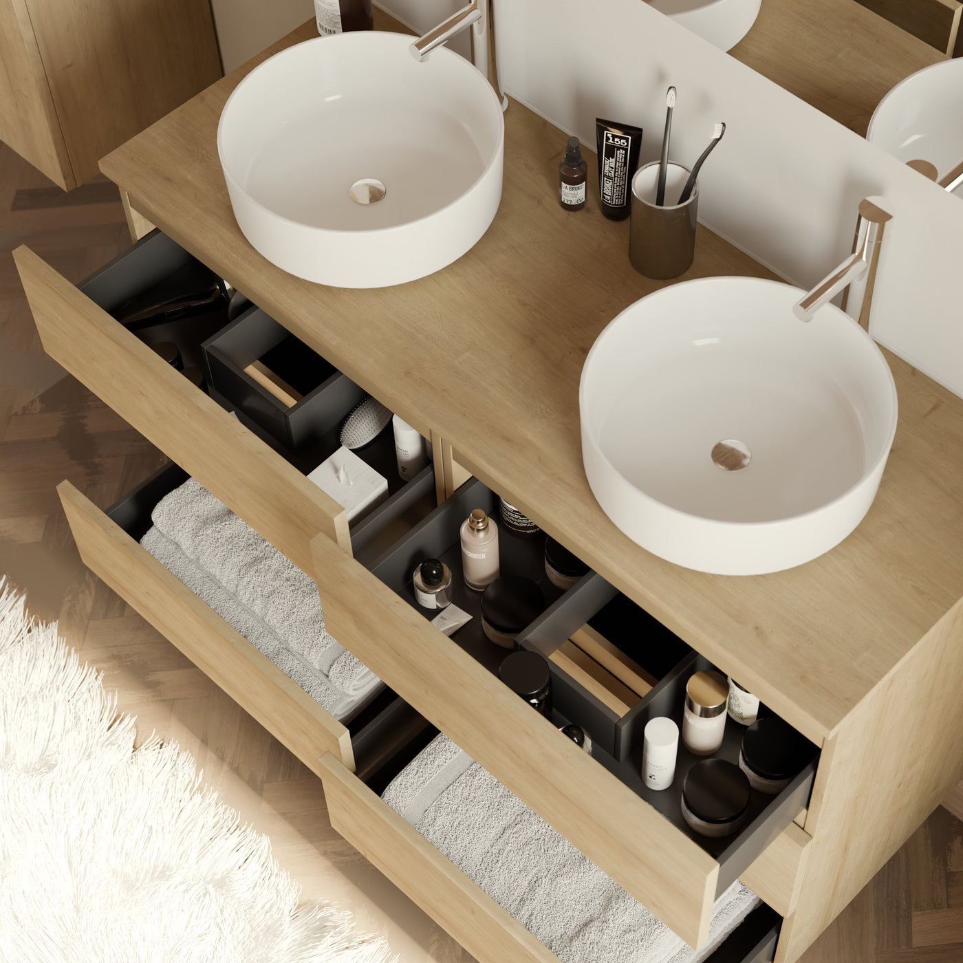 Meuble de salle de bain 120cm avec plateau et 2 vasques à poser rondes - 6 tiroirs - sans miroir - MAYOR