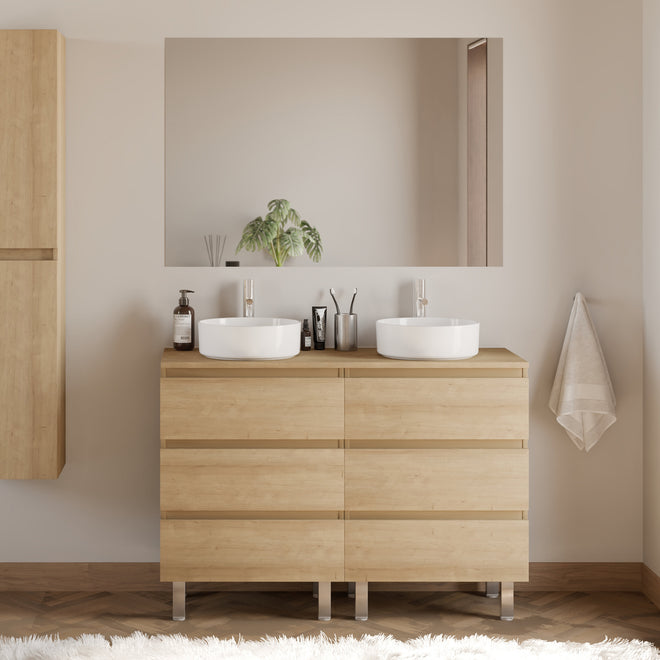 Meuble de salle de bain 140cm avec plateau et 2 vasques à poser rondes - 6 tiroirs - MAYOR