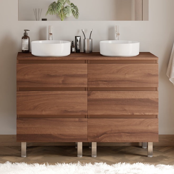 Meuble de salle de bain 120cm avec plateau et 2 vasques à poser rondes - 6 tiroirs - sans miroir - MAYOR