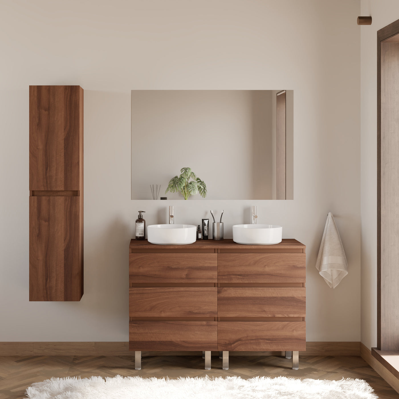 Meuble de salle de bain 120cm avec plateau et 2 vasques à poser rondes - 6 tiroirs - sans miroir - MAYOR