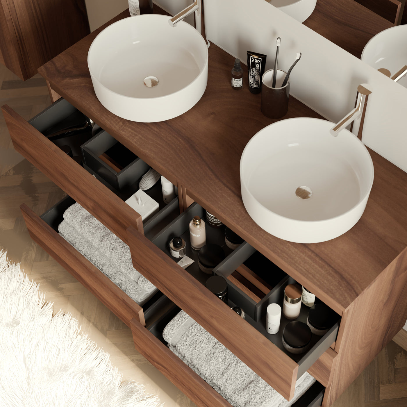 Meuble de salle de bain 120cm avec plateau et 2 vasques à poser rondes - 6 tiroirs - sans miroir - MAYOR