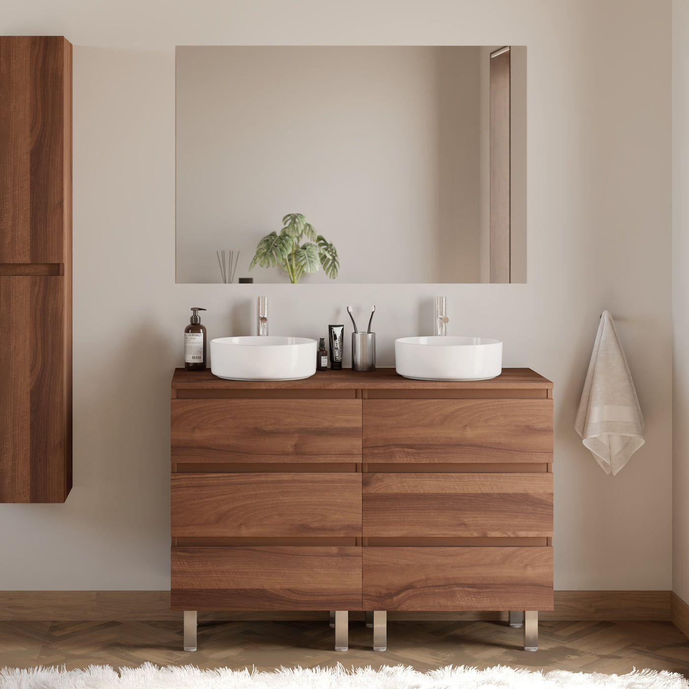 Meuble de salle de bain 120cm avec plateau et 2 vasques à poser rondes - 6 tiroirs - sans miroir - MAYOR