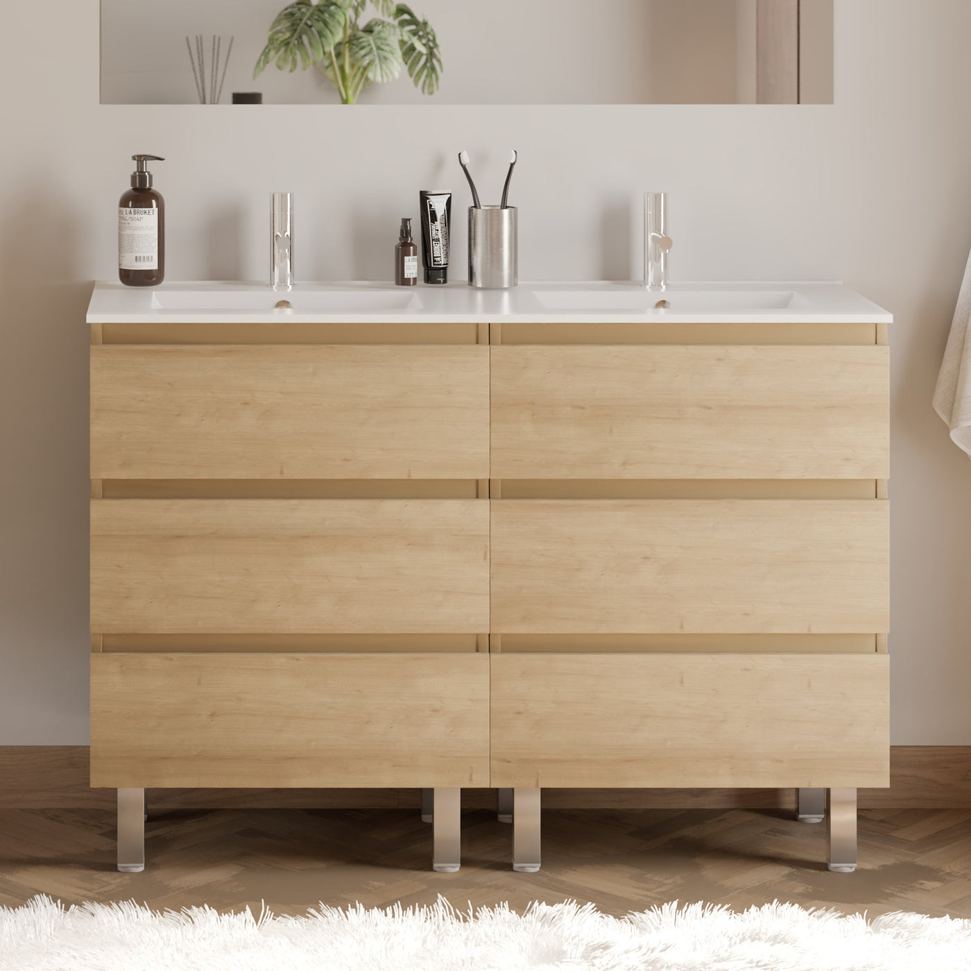 Meuble de salle de bain 120cm double vasque - 6 tiroirs - sans miroir - MAYOR