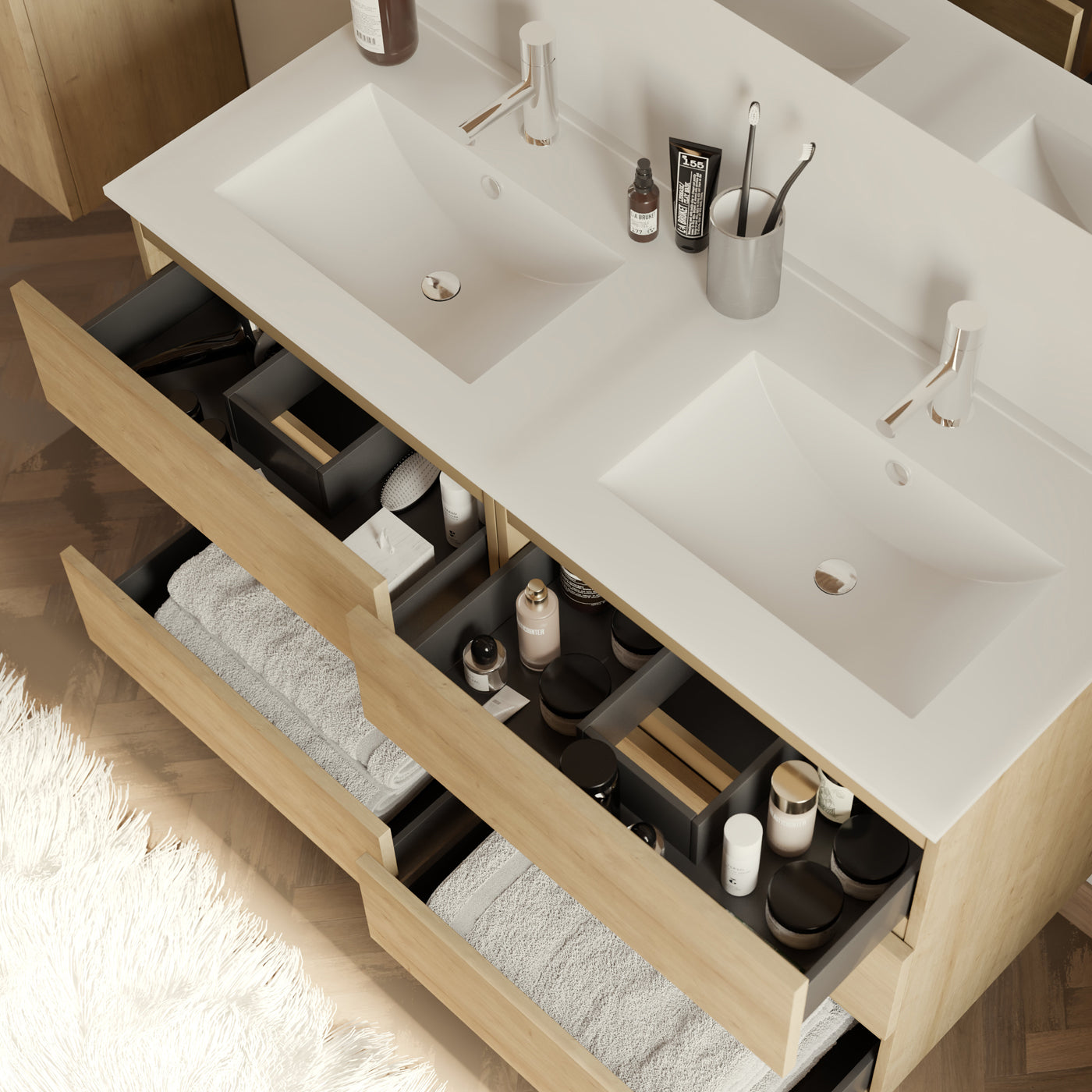 Meuble de salle de bain 120cm double vasque - 6 tiroirs - sans miroir - MAYOR