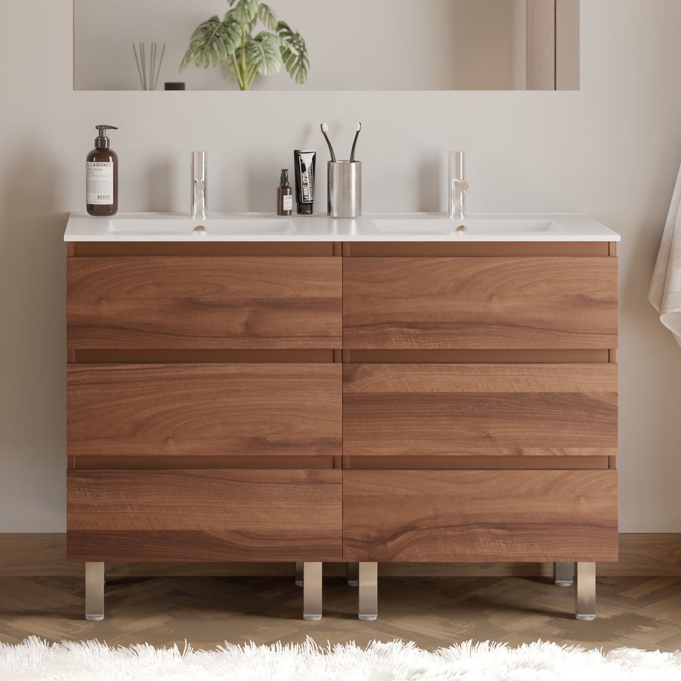 Meuble de salle de bain 120cm double vasque - 6 tiroirs - sans miroir - MAYOR