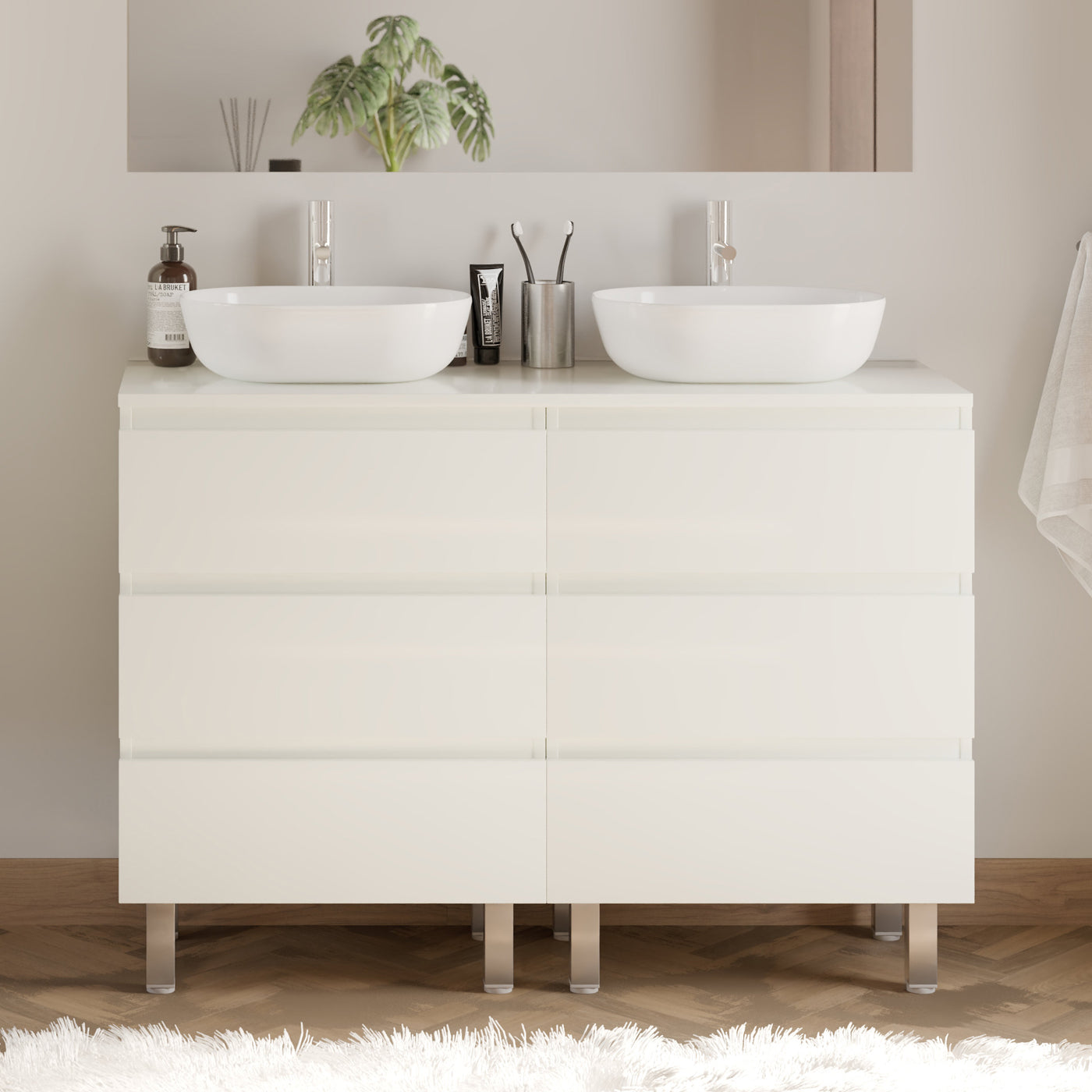 Meuble de salle de bain 140cm avec plateau et 2 vasques à poser arrondies - 6 tiroirs - sans miroir - MAYOR