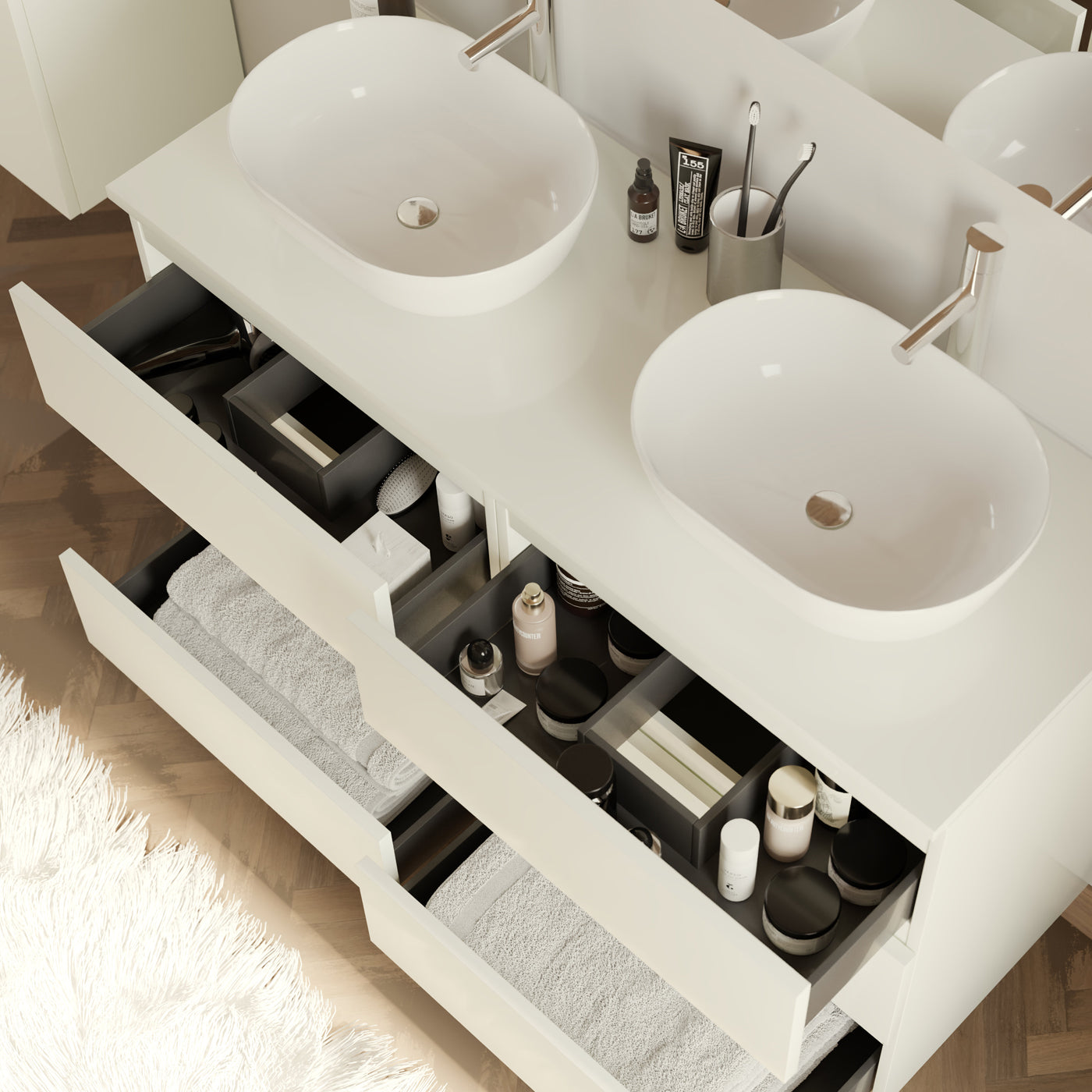 Meuble de salle de bain 140cm avec plateau et 2 vasques à poser arrondies - 6 tiroirs - sans miroir - MAYOR