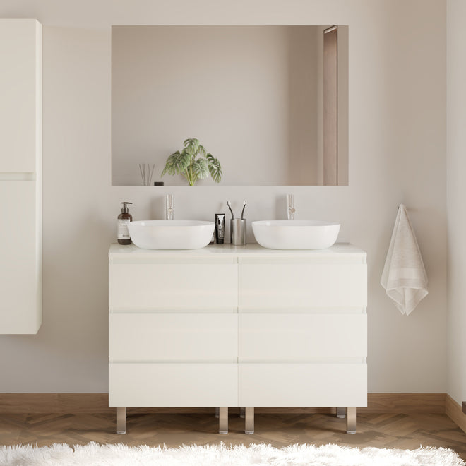 Meuble de salle de bain 140cm avec plateau et 2 vasques à poser arrondies - 6 tiroirs - MAYOR