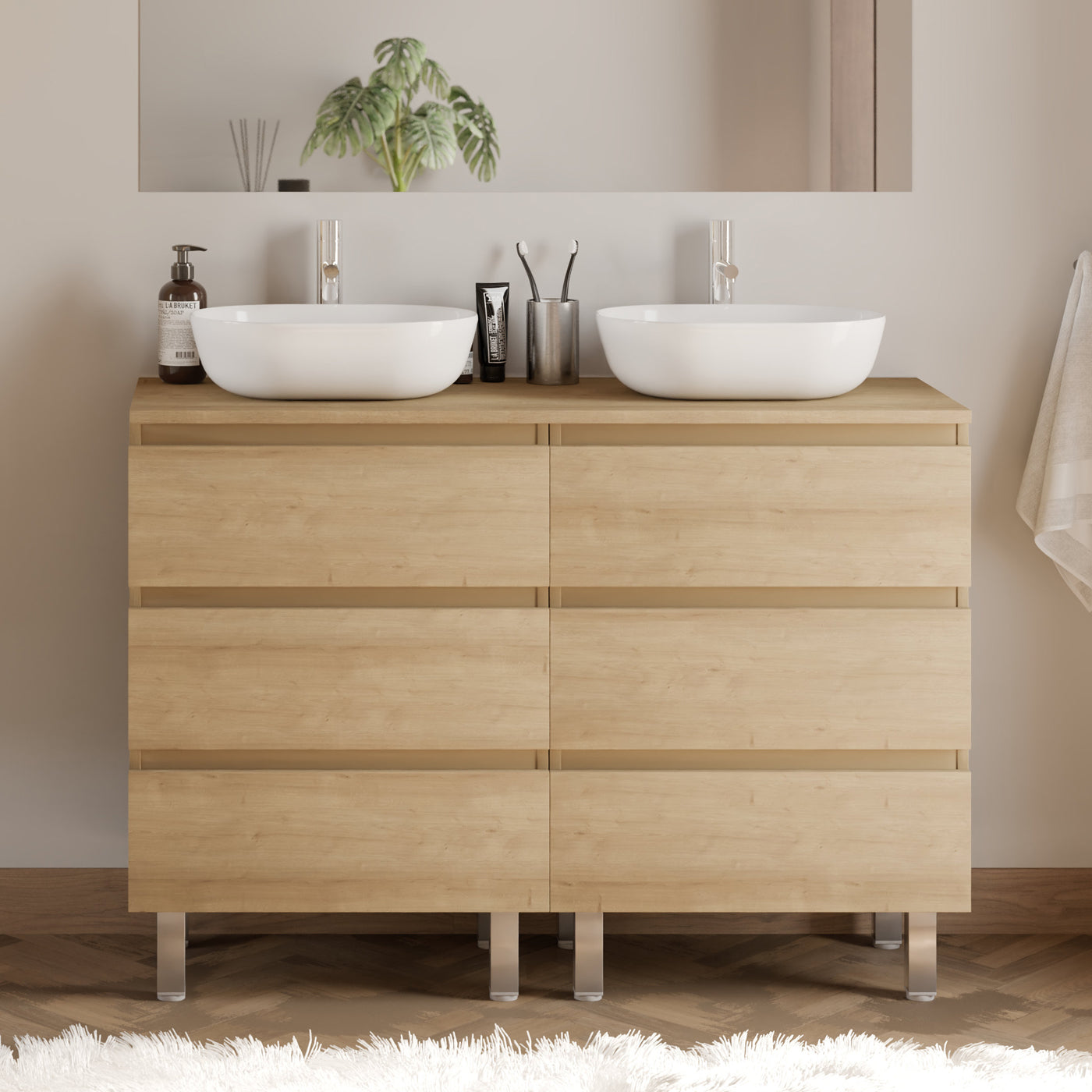 Meuble de salle de bain 140cm avec plateau et 2 vasques à poser arrondies - 6 tiroirs - sans miroir - MAYOR