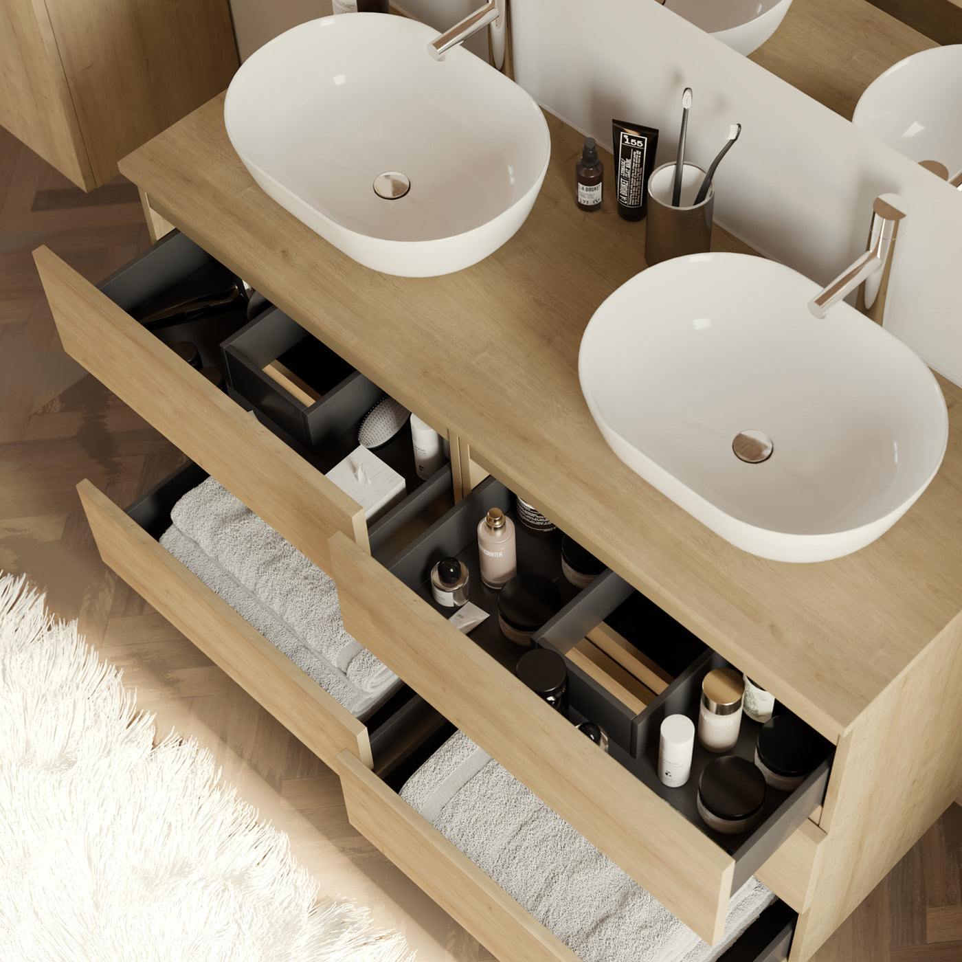 Meuble de salle de bain 140cm avec plateau et 2 vasques à poser arrondies - 6 tiroirs - sans miroir - MAYOR