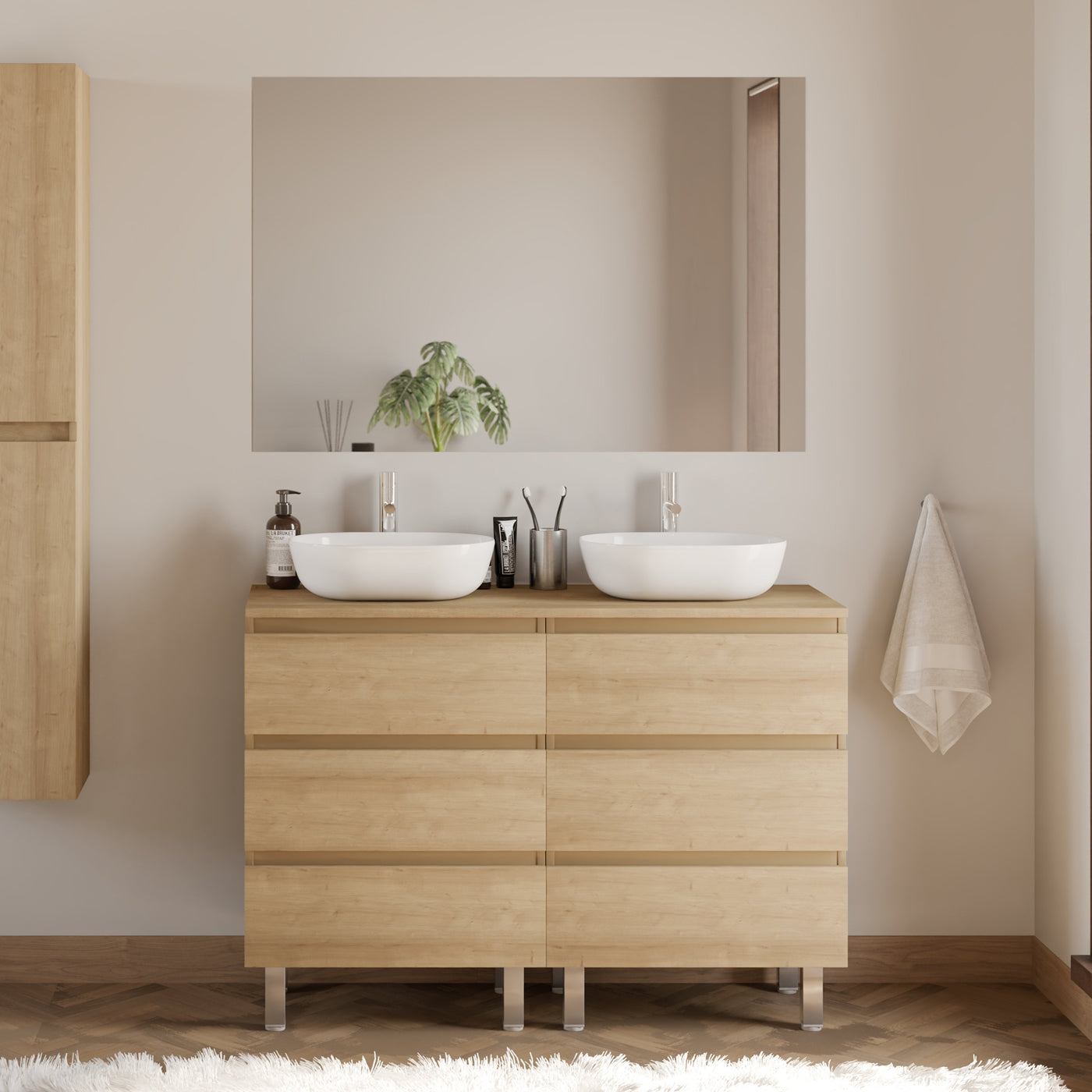 Meuble de salle de bain 140cm avec plateau et 2 vasques à poser arrondies - 6 tiroirs - sans miroir - MAYOR